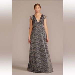 DB Studio Plunging Printed Chiffon Gown with Ruffles